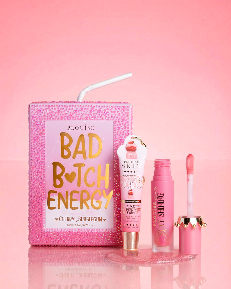 Růžový křišťálový třpyt P.Louise duo bad bitch energy v třešňové žvýkačce s lesklým olejem na rty a kondicionérem na rty