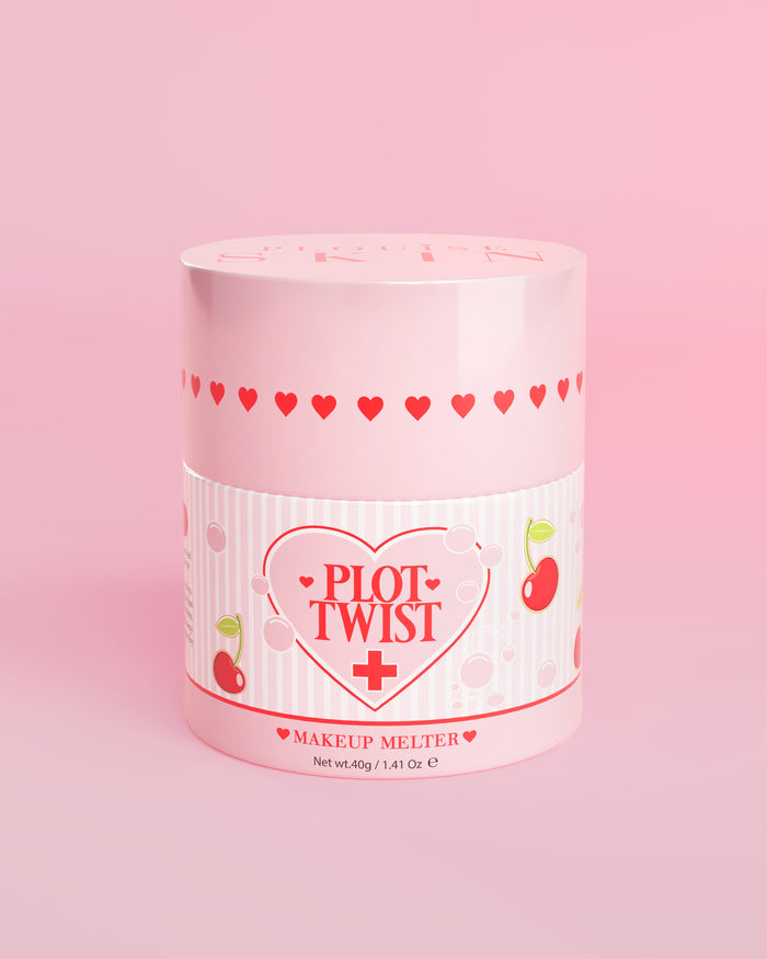 Růžová nádoba P.Louise Plot Twist Makeup Melting Cleansing Balm s motivem srdce a třešně na štítku na růžovém pozadí