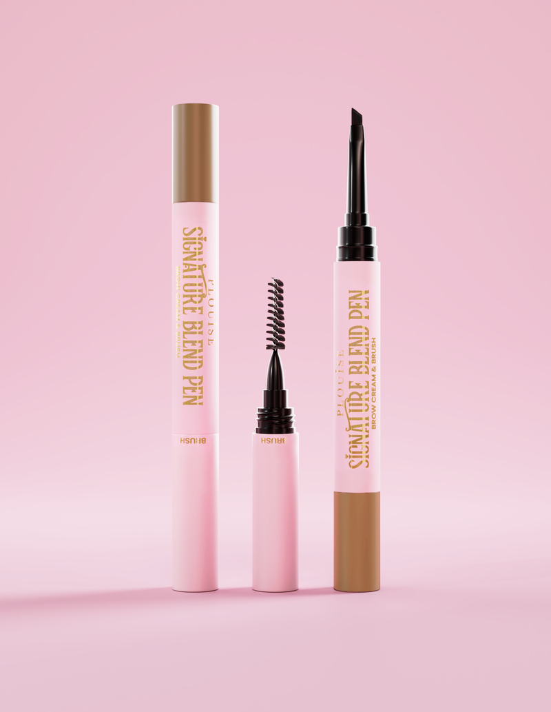 P.Louise Signature Blend Pero na obočí, s víčky na každém konci, které vám ukazuje každý aplikátor na konci na růžovém pozadí