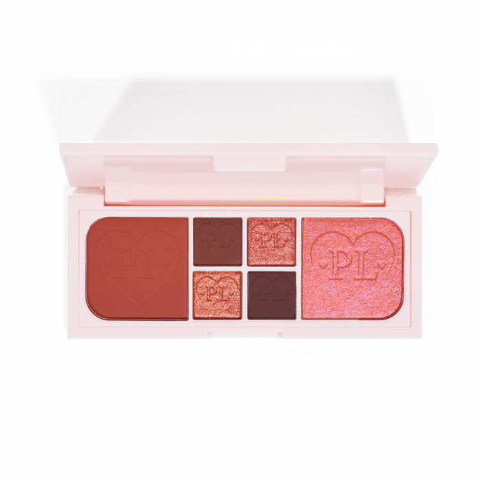 Obrázek paletky P.Louise Fluffy Fantasy Mini Eyes & Face Palette s krémovými matnými a máslovými třpytkami v řadě červených a tmavě růžových odstínů