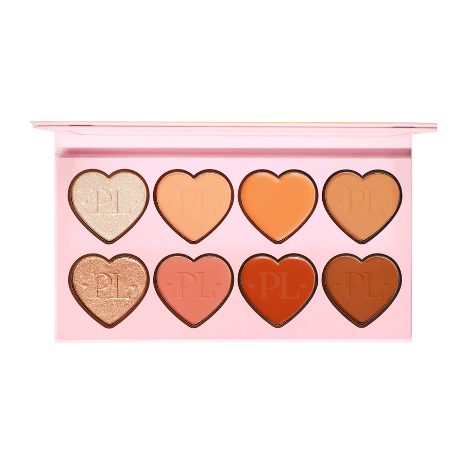 Obrázek palety P.Louise All Over The Place Face Palette s různými barevnými odstíny vystavenými ve tvarech zamilovaných srdcí
