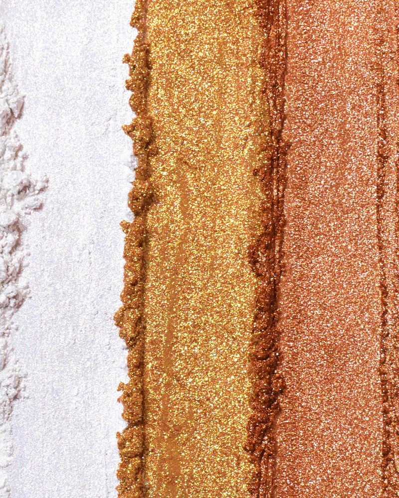 Detailní záběr na vzorky pigmentů P.Louise Secret Stardust se sypkými třpytkami