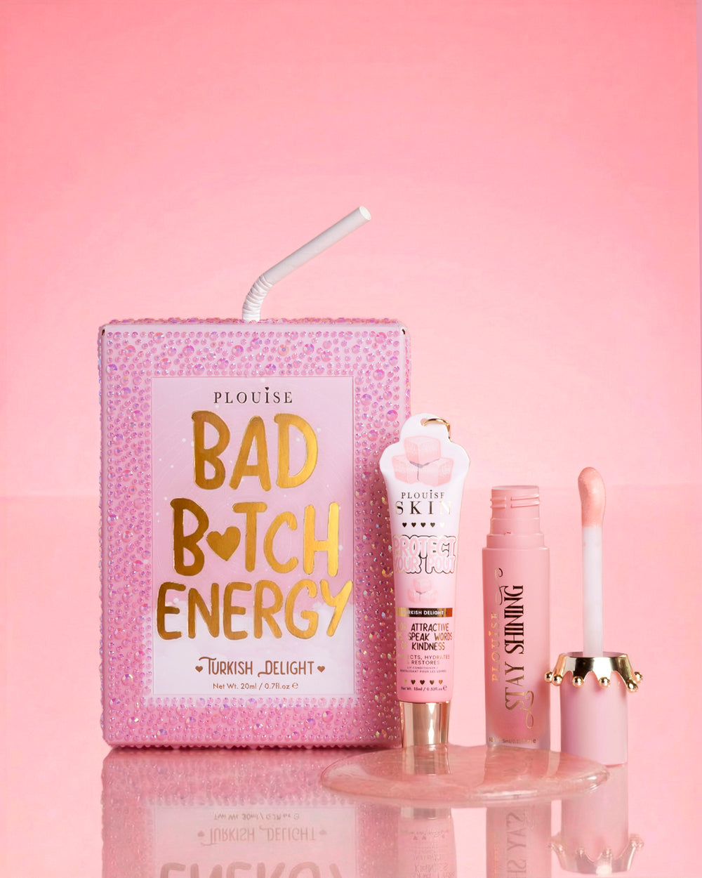 Pink P.Louise crystal glitter bad bitch energy lip duo v duhovém šerbetu s lesklým olejem na rty a kondicionérem na rty