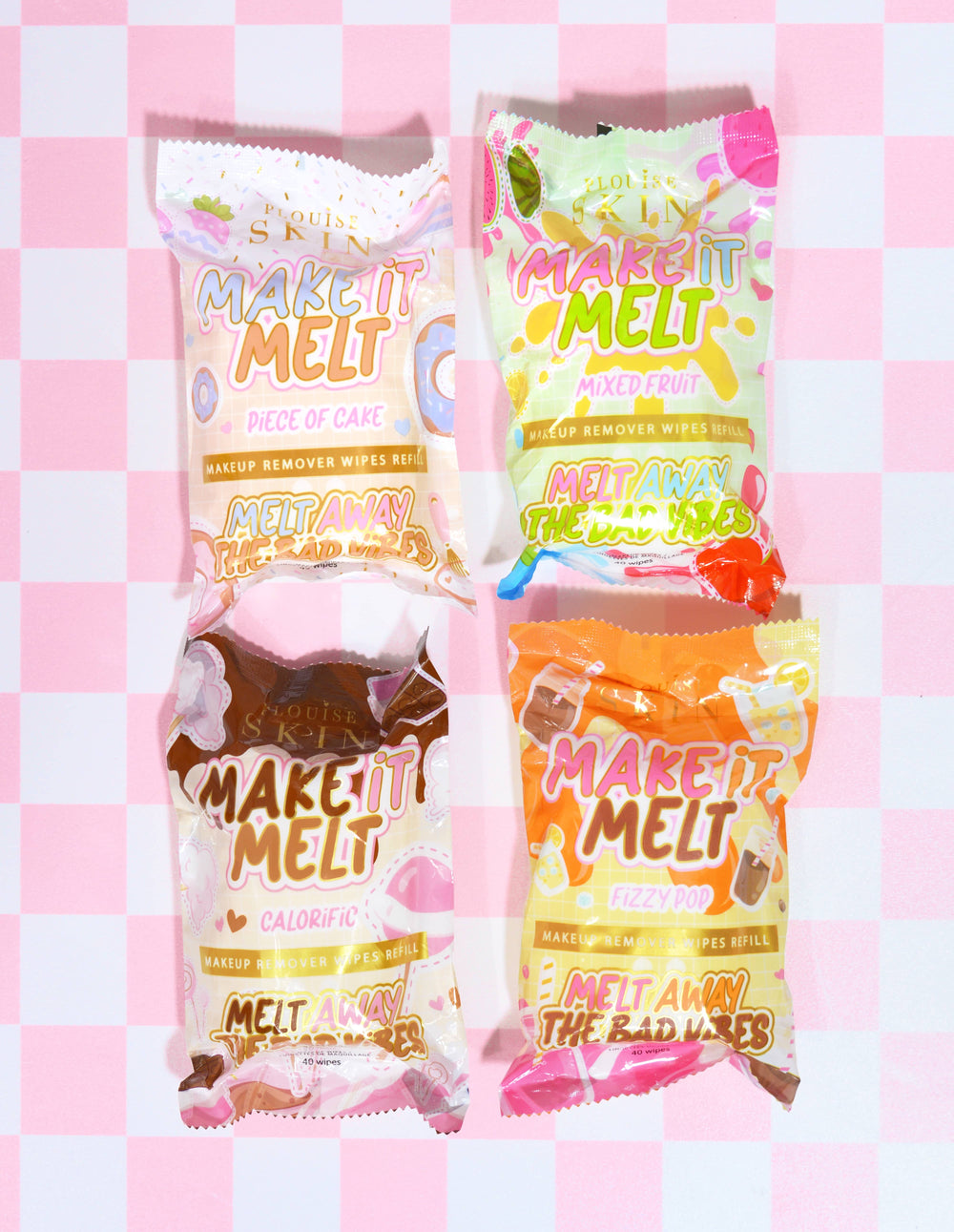 Kolekce odličovacích ubrousků P.Louise Make It Melt v různých vůních, vystavených ve znovu plnitelné nádobce s růžovým kostkovaným pozadím.