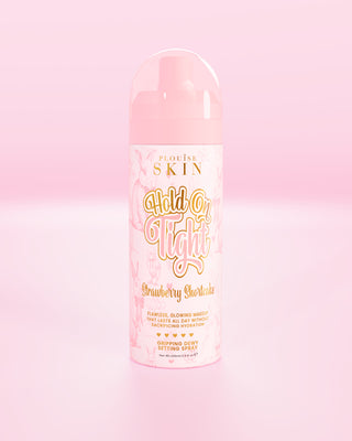 Pink bottle of P.Louise Hond On Tight gripping dewy setting spray in strawberry shortcake