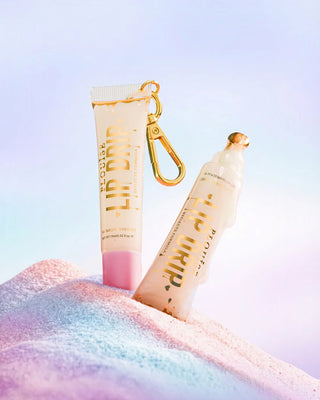 Gold and beige tube of P.Louise Lip Drip glitter lip gloss in rainbow sherbet scent