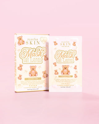 A box and sachet of the P.Louise Mask Me Later foaming bubble mask in coconut cake scent