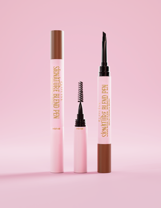P.Louise Signature Blend Eyebrow Pen, with lids off each end showing you each applicator on the end against a pink background
