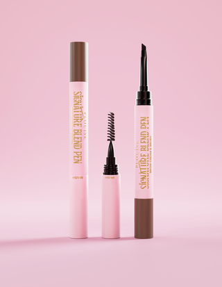 P.Louise Signature Blend Eyebrow Pen, with lids off each end showing you each applicator on the end against a pink background