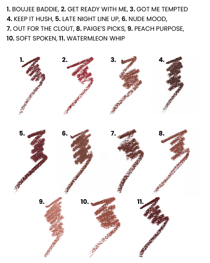 A numbered list of 11 lip liner colour swatches ranging from dusty rose and mauve to warm brown and peach, with text at the top listing product names and corresponding numbers.