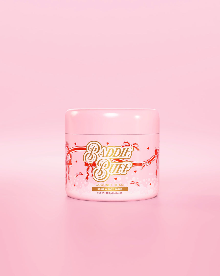 A pink P.Louise tub or Baddie Buff Scalp and Body Sugar Scrub in Coconut Coast