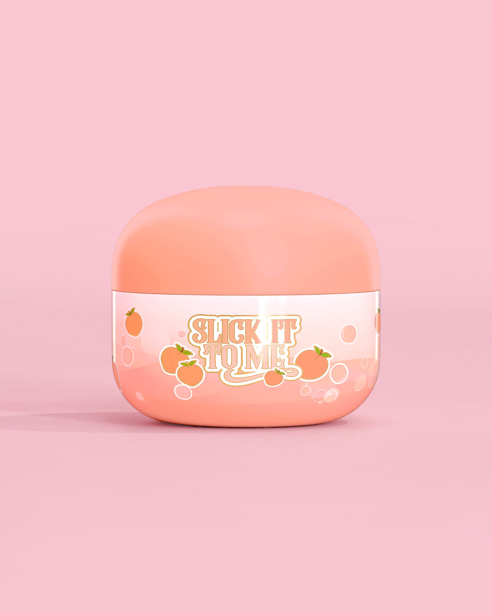 Jar of P. Louise Slick It To Me Peach Melting Body Balm s růžovým pozadím
