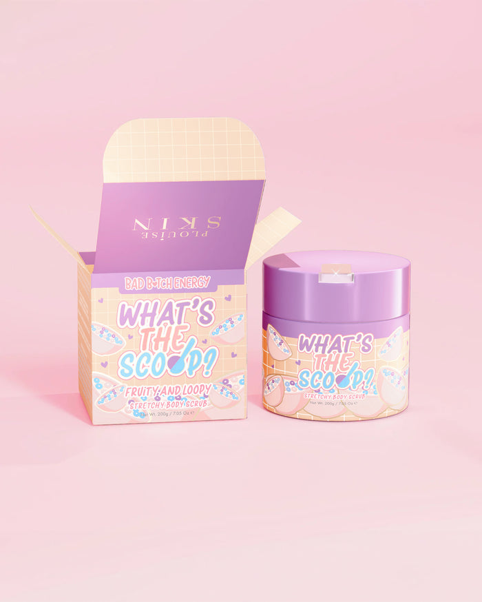 P.Louise 'What's the Scoop?' stretchy body scrub in fruity and loopy scent with a fruity loopy design packaging on a pink background