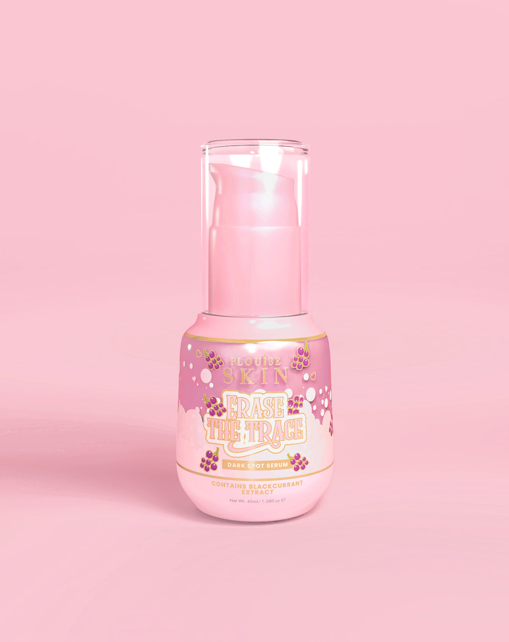 Růžová lahvička P. Louise Erase The Trace Dark Spot Correcting Serum na růžovém pozadí