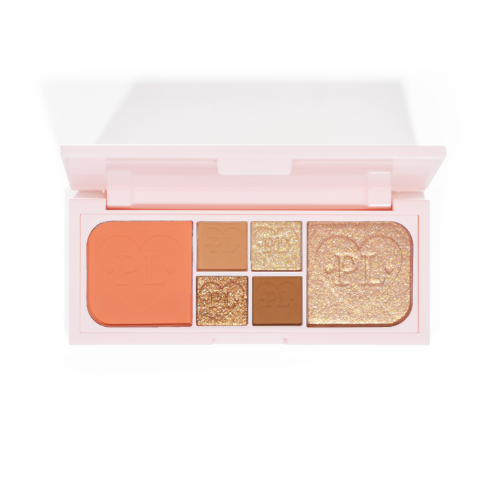 Obrázek paletky P.Louise Fluffy Fantasy Mini Eyes & Face Palette s krémovými matnými a máslovými třpytkami v řadě broskvových a neutrálních odstínů