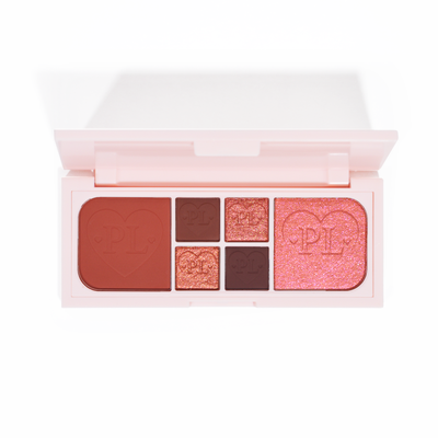 Obrázek paletky P.Louise Fluffy Fantasy Mini Eyes & Face Palette s krémovými matnými a máslovými třpytkami v řadě červených a tmavě růžových odstínů