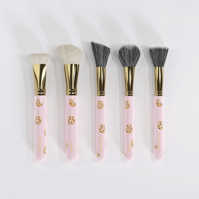 Image of the P.Louise Spoilt For Choice 5 Piece Makeup Brush Set laid in a row on a white background