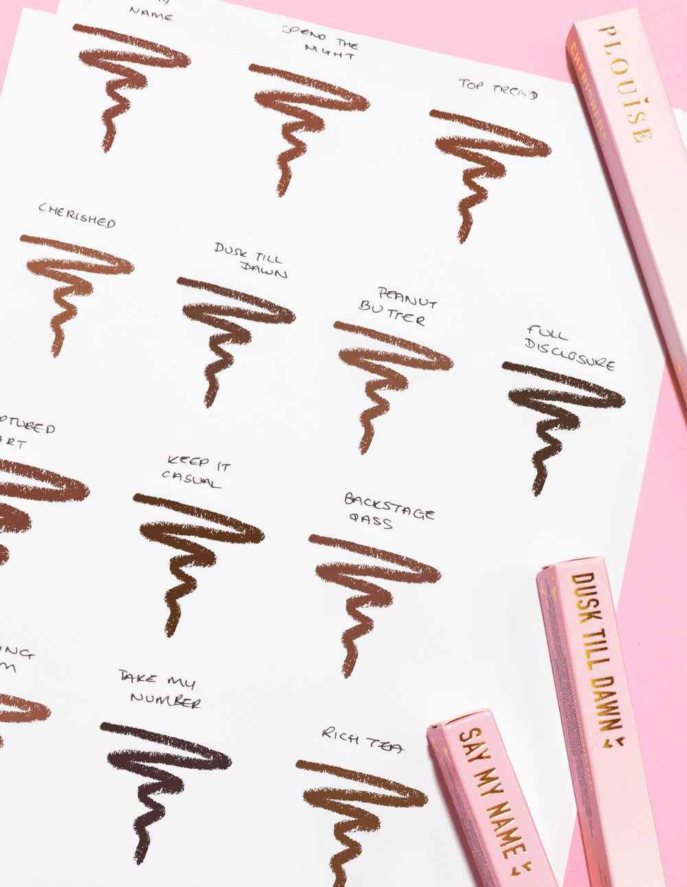 Obrázek kusu papíru s klikyháky na každém odstínu a názvu P.Louise Ultimate Definition Sharpenable Lip Liner